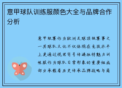 意甲球队训练服颜色大全与品牌合作分析